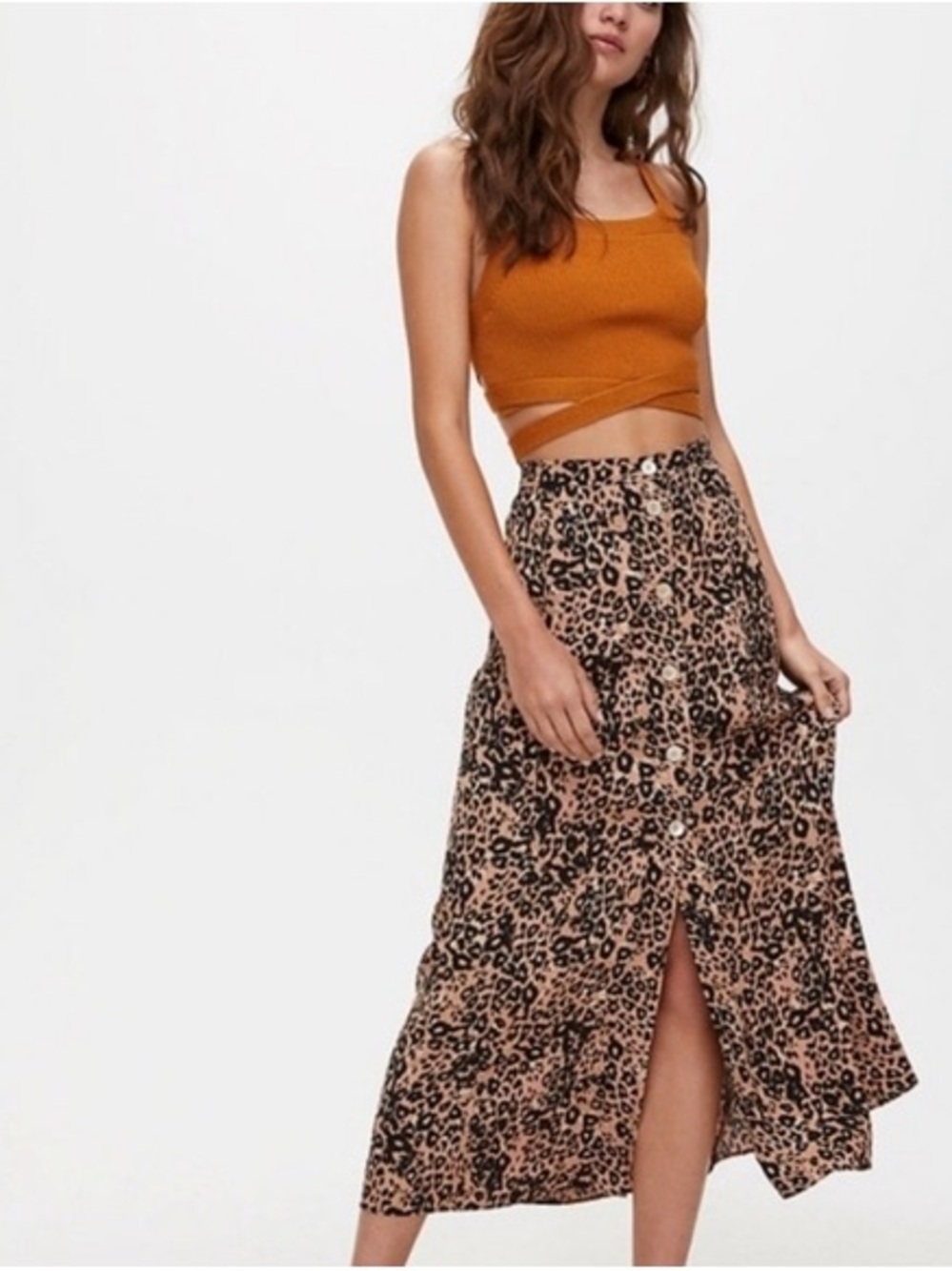 Leopard Print Button-Front Maxi Skirt in Tan Aritzia Wilfred